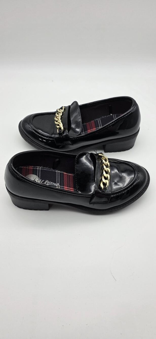 Self Esteem Girls Size 2M Black Patent Loafers Gold Chain Dress Shoes